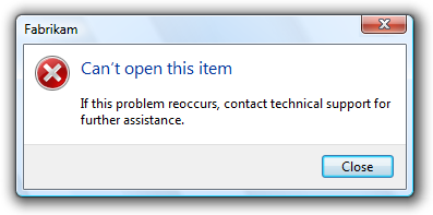 Screenshot that shows a 'Can't open this item' message. 
