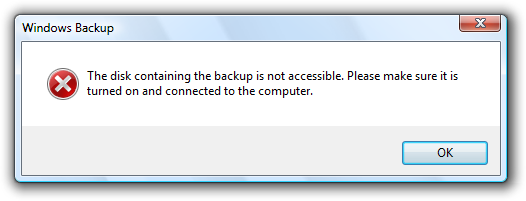captura de pantalla del mensaje del disco de copia de seguridad no accesible 