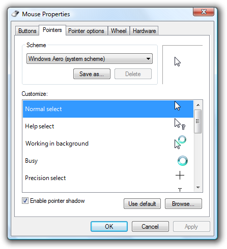captura de pantalla de ejemplos de puntero de propiedades del mouse 
