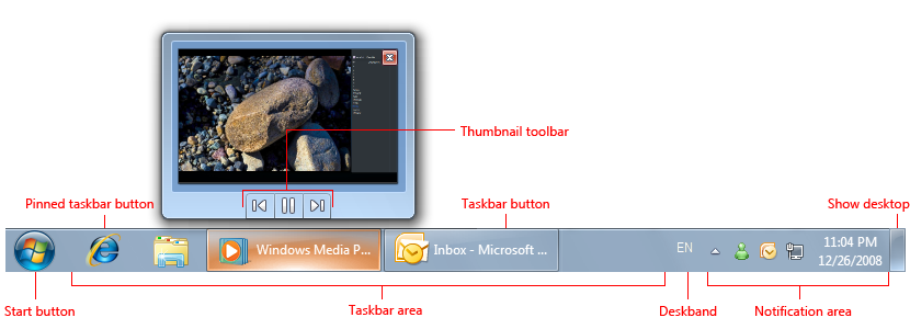 screen shot of start button, taskbar, thumbnail 