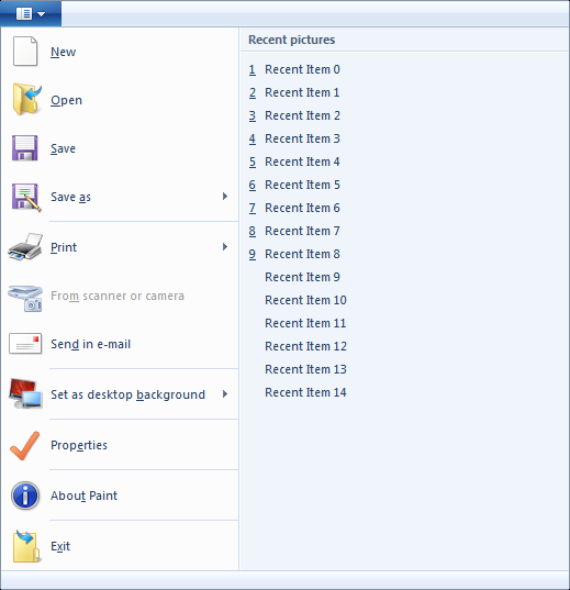 captura de pantalla del menú de la aplicación y la lista de elementos recientes de la cinta de opciones de pintura para windows 7.