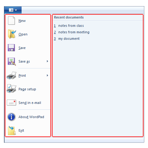 captura de pantalla del menú de la aplicación de wordpad para Windows 7.