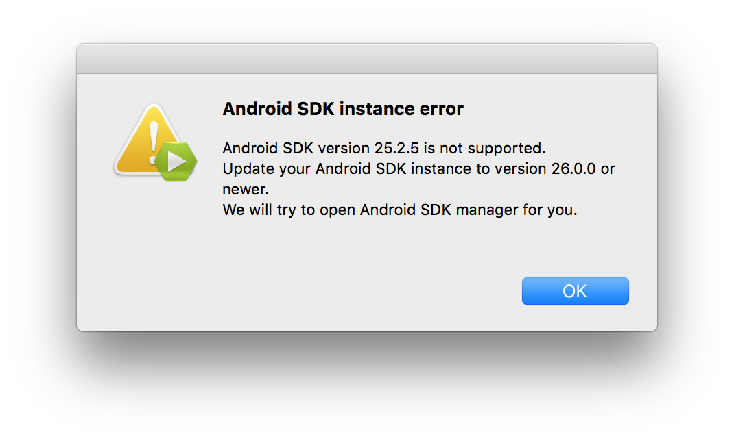 Captura de pantalla en la que se muestra el cuadro de diálogo de error de instancia de Android SDK para la información sobre solución de problemas.
