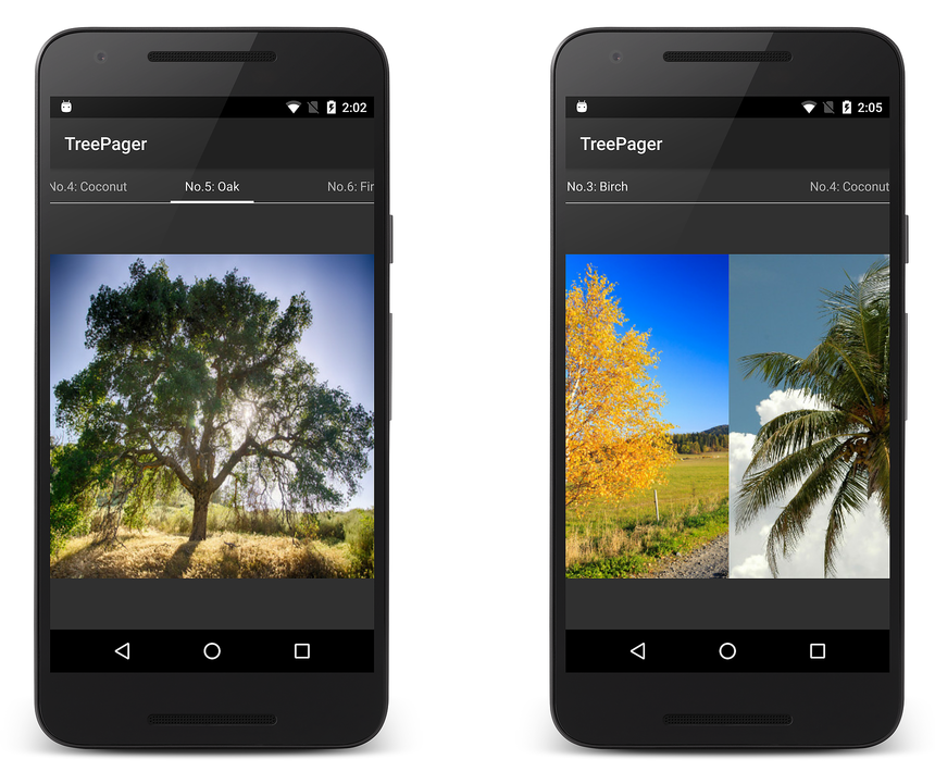 Capturas de pantalla de la aplicación TreePager con un ejemplo de deslizamiento horizontal