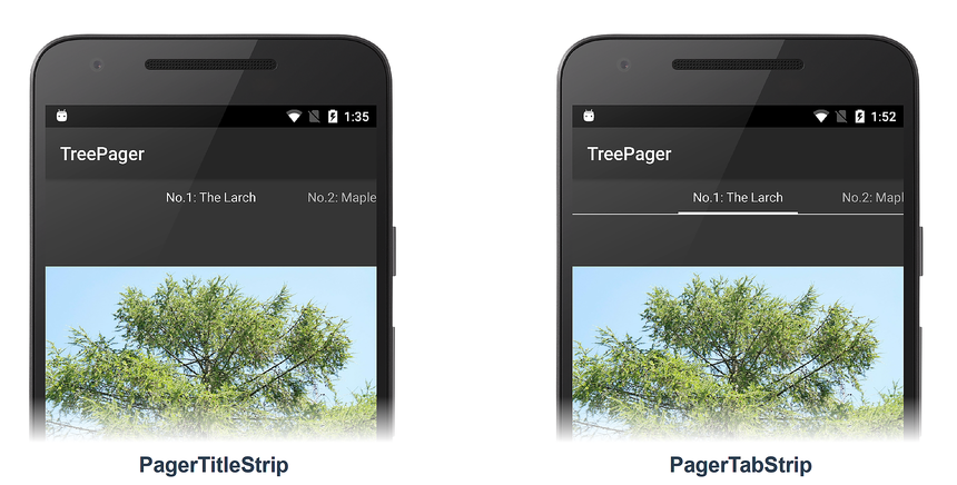 Capturas de pantalla de la aplicación TreePager con PagerTitleStrip y PagerTabStrip