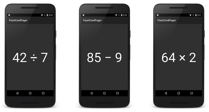 Capturas de pantalla de ejemplo de la aplicación FlashCardPager sin indicadores de paginación