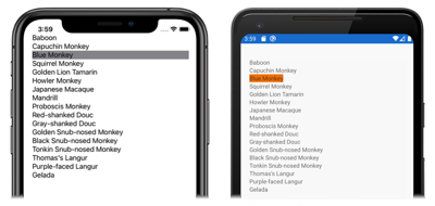 Captura de pantalla de una CollectionView que responde a la selección de elementos, en iOS y Android