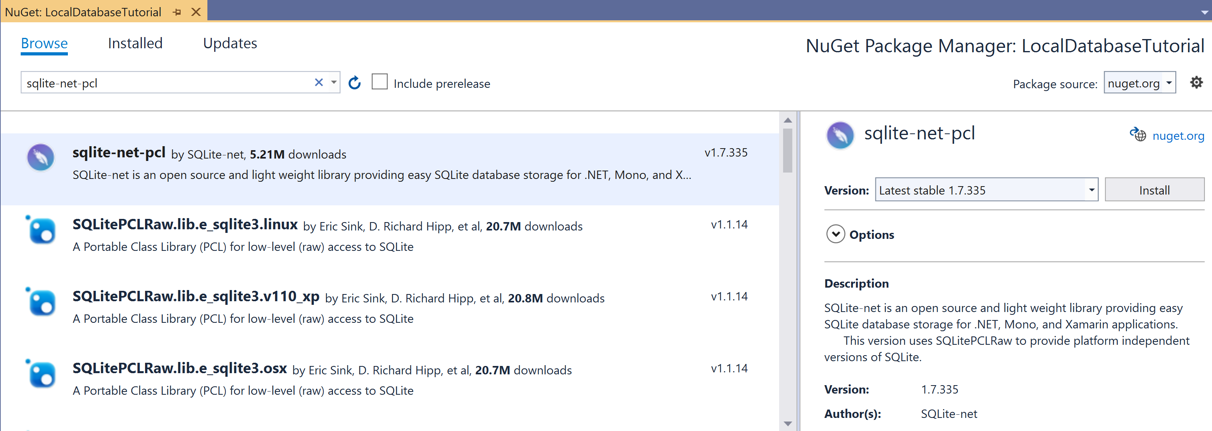 Captura de pantalla del paquete SQLite.NET NuGet en el Administrador de paquetes NuGet