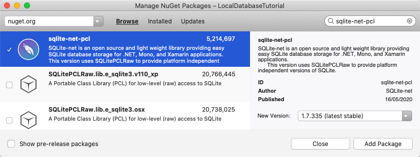 Captura de pantalla del paquete SQLite.NET NuGet en el administrador de paquetes NuGet