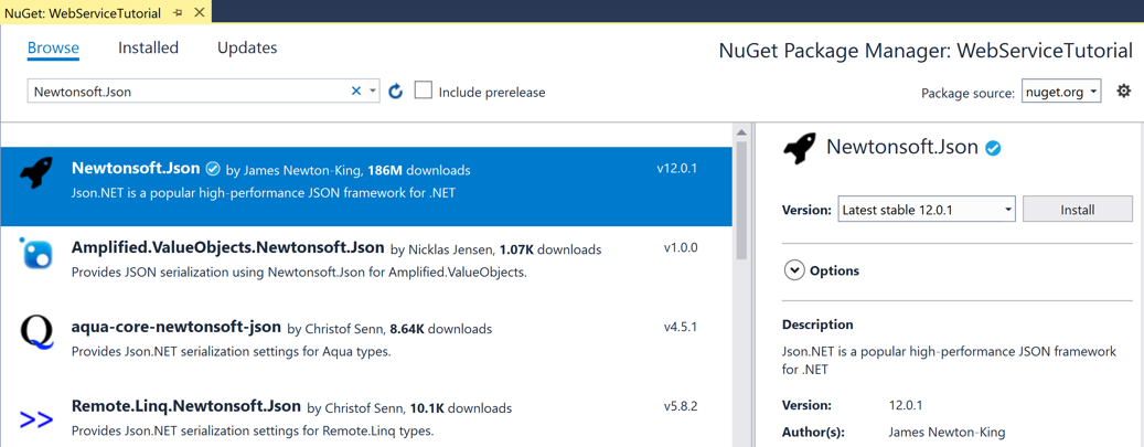 Captura de pantalla del paquete NuGet Newtonsoft.Json en el Administrador de paquetes NuGet