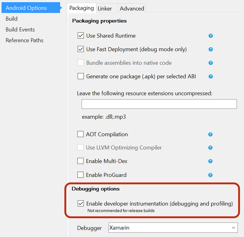 Cuadro de diálogo Opciones de Android en Visual Studio para Mac