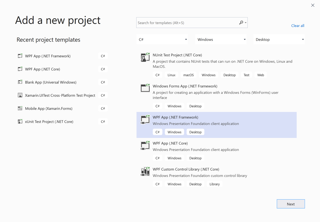 Captura de pantalla que muestra el cuadro de diálogo Agregar un nuevo proyecto con la aplicación W P F seleccionada.