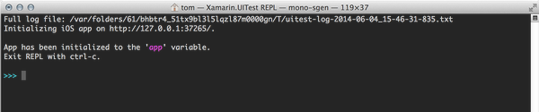 Captura de pantalla del terminal macOS que ejecuta repl de Xamarin.UITest