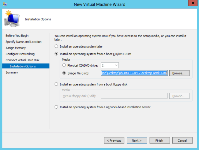 Screenshot that shows the New Virtual Machine Wizard on the Installation Options page. Install an O S from a boot C D D V D ROM and Image file dot i s o are selected.