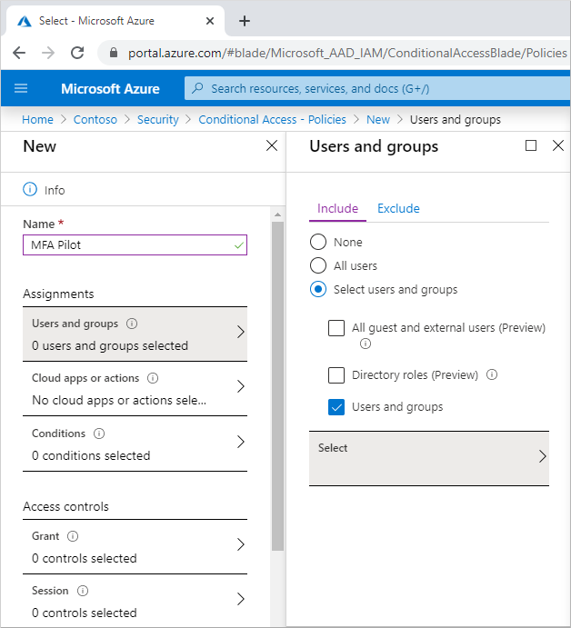 Select your Azure AD group to use with the Conditional Access policy