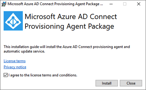 Captura de pantalla que muestra la pantalla Microsoft Azure AD Connect Provisioning Agent Package.