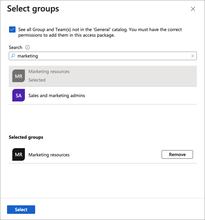 Screenshot that shows how to select the groups