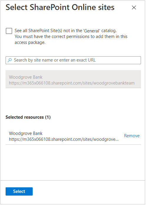 Paquete de acceso - Agregar roles de recursos - Select SharePoint Online sites (Seleccionar sitios de SharePoint Online)