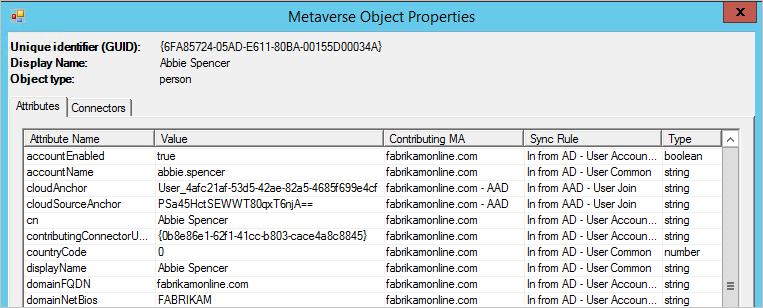 Screenshot that shows the list of user attributes for the Metaverse Object Properties.