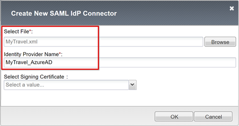 Screenshot of Select File and Identity Provider Name input under Create New SAML IdP Connector.