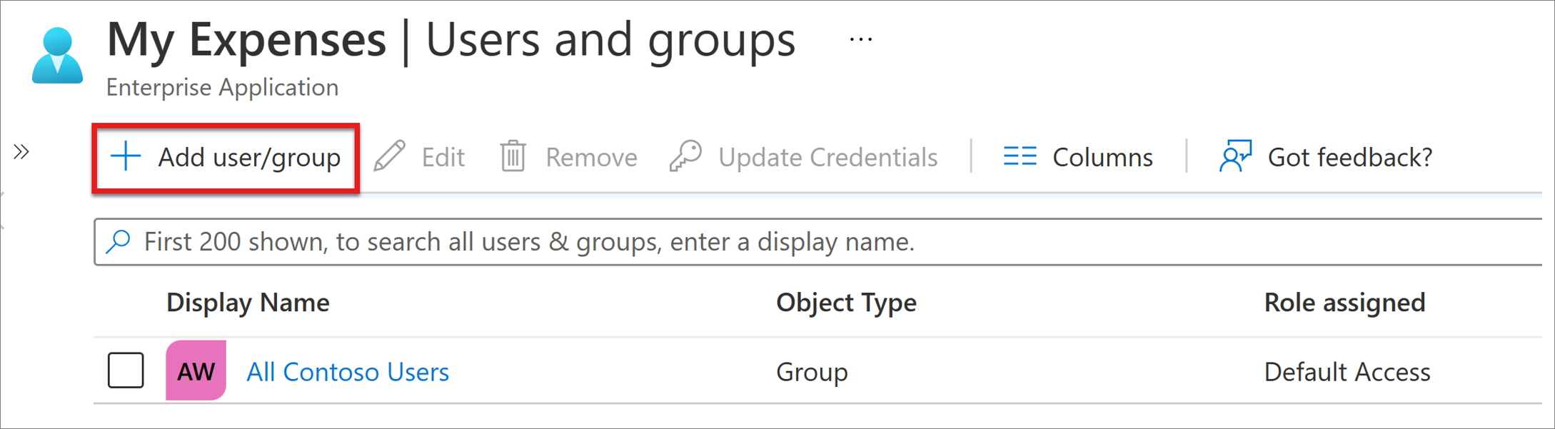 Captura de pantalla de la opción Agregar usuario o grupo en Usuarios y grupos.