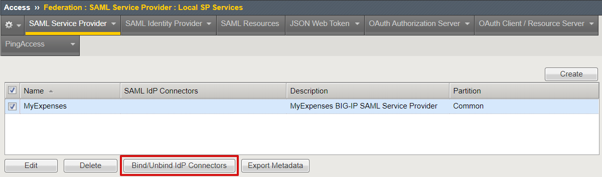 Captura de pantalla de la opción Bind Unbind IdP Connectors (Enlazar/desenlazar conectores de IdP) en SAML Service Provider (Proveedor de servicios SAML) en Local SP Services ( Servicios SP locales).