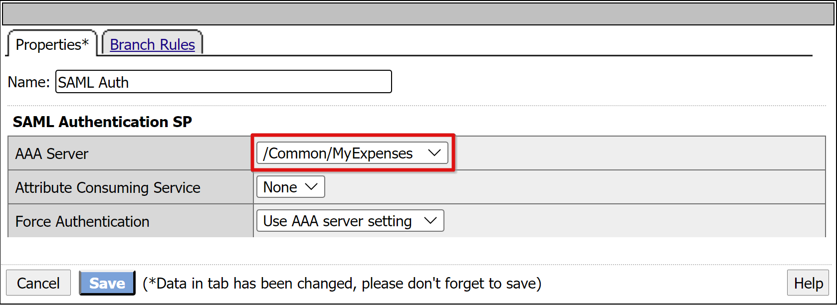 Captura de pantalla de la entrada AAA Server (Servidor AAA) en la pestaña Properties (Propiedades).