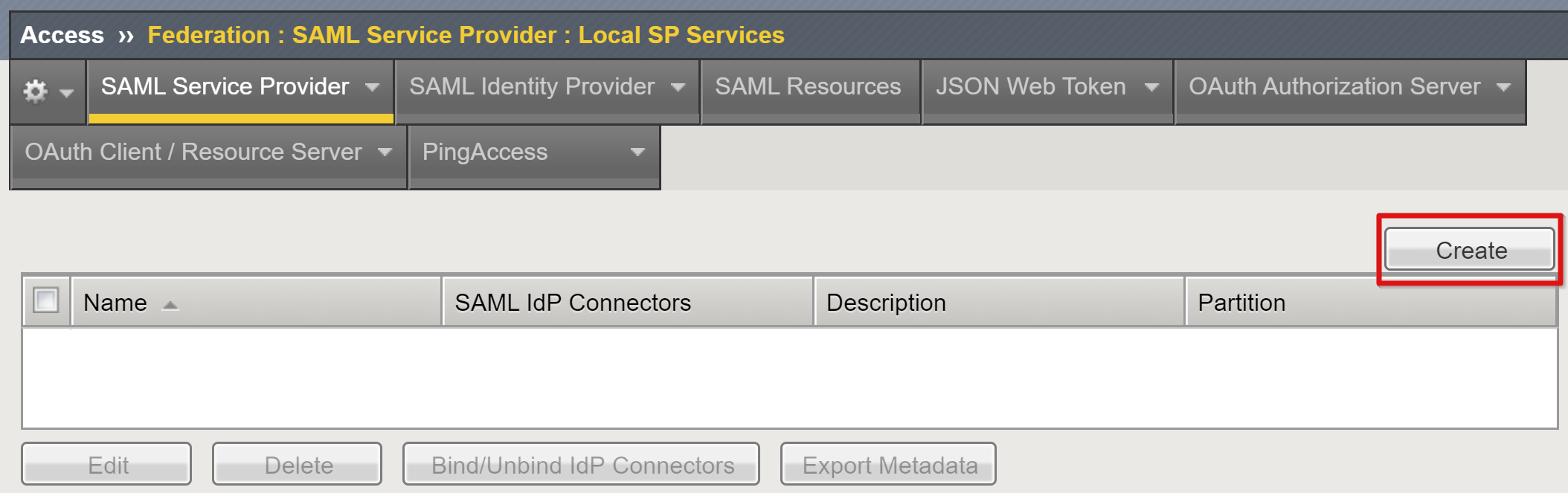 Captura de pantalla de la opción (Create) Crear en SAML Service Provider (Proveedor de servicios SAML) en Local SP Services (Servicios SP locales).