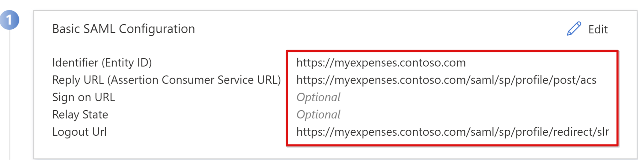 Captura de pantalla de las entradas Dirección URL en Configuración básica de SAML.