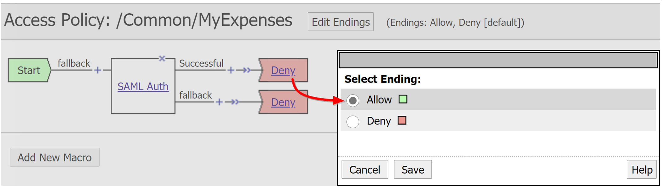 Captura de pantalla de la opción Deny (Denegar) en Access Policy (Directiva de acceso).