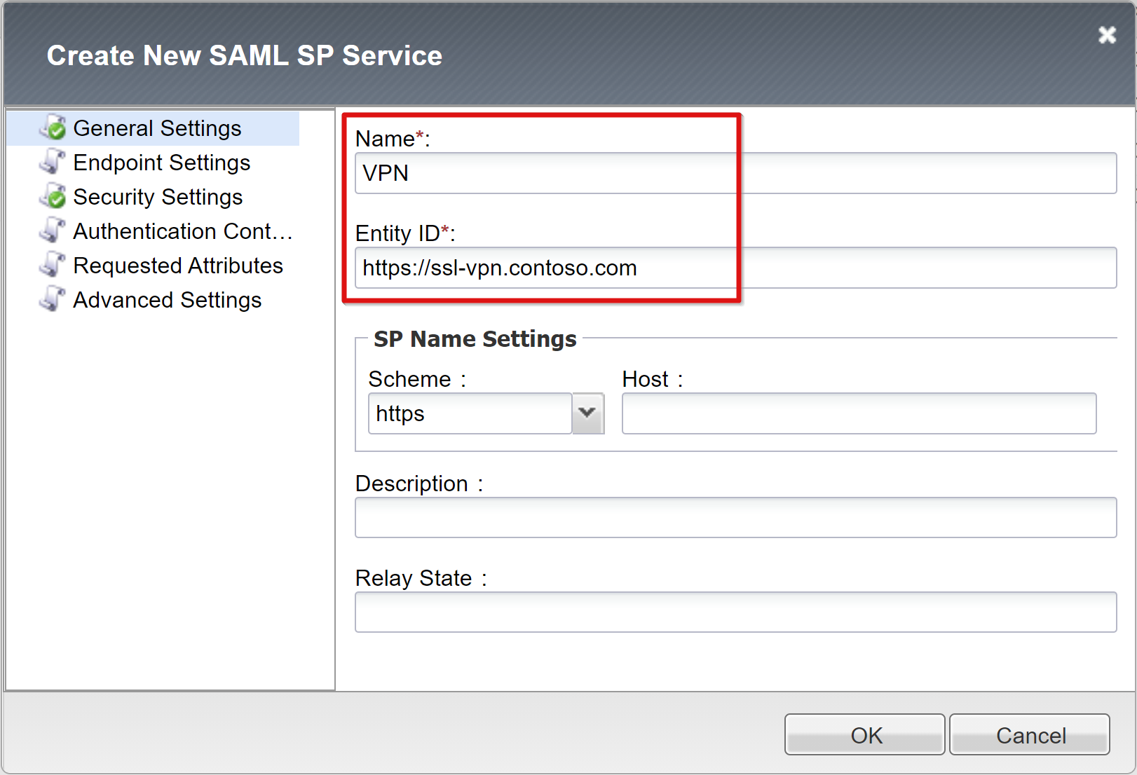 Image shows creating new SAML SP service