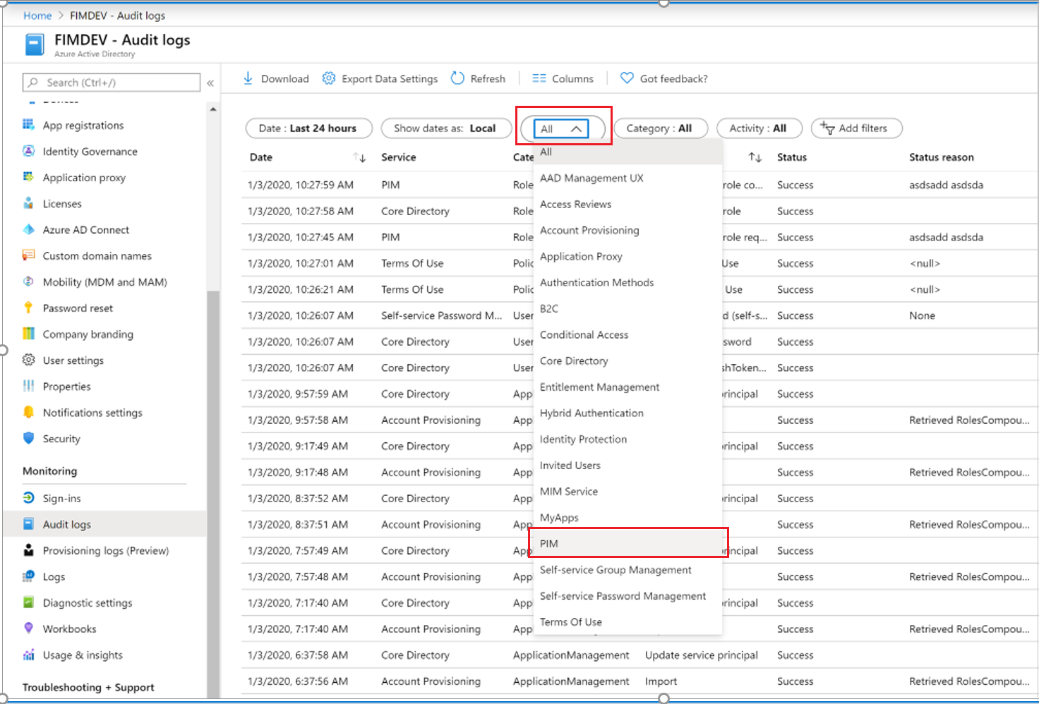 Captura de pantalla que muestra el filtrado del registro de auditoría para el servicio PIM.