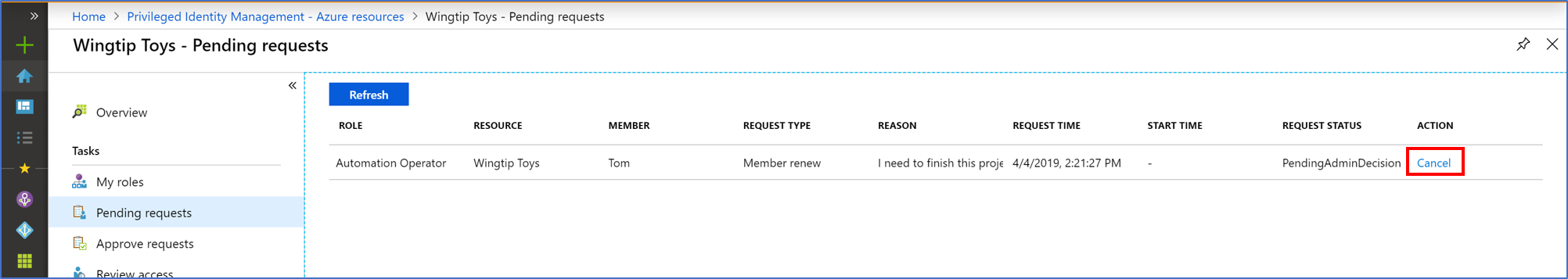 Captura de pantalla de los recursos de Azure: página de solicitudes pendiente que muestra todas las solicitudes pendientes y un vínculo para cancelarlas.