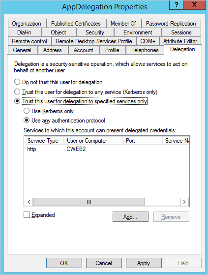 Configuración de Citrix ADC SAML Connector for Azure AD: Delegación en el panel Propiedades