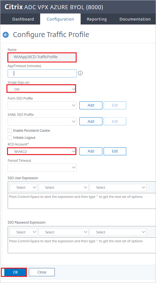 Configuración de Citrix ADC SAML Connector for Azure AD: panel Configurar perfil de tráfico