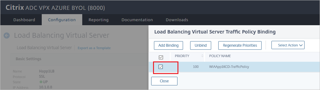 Configuración de Citrix ADC SAML Connector for Azure AD: panel de enlace de la directiva de tráfico del servidor virtual de equilibrio de carga