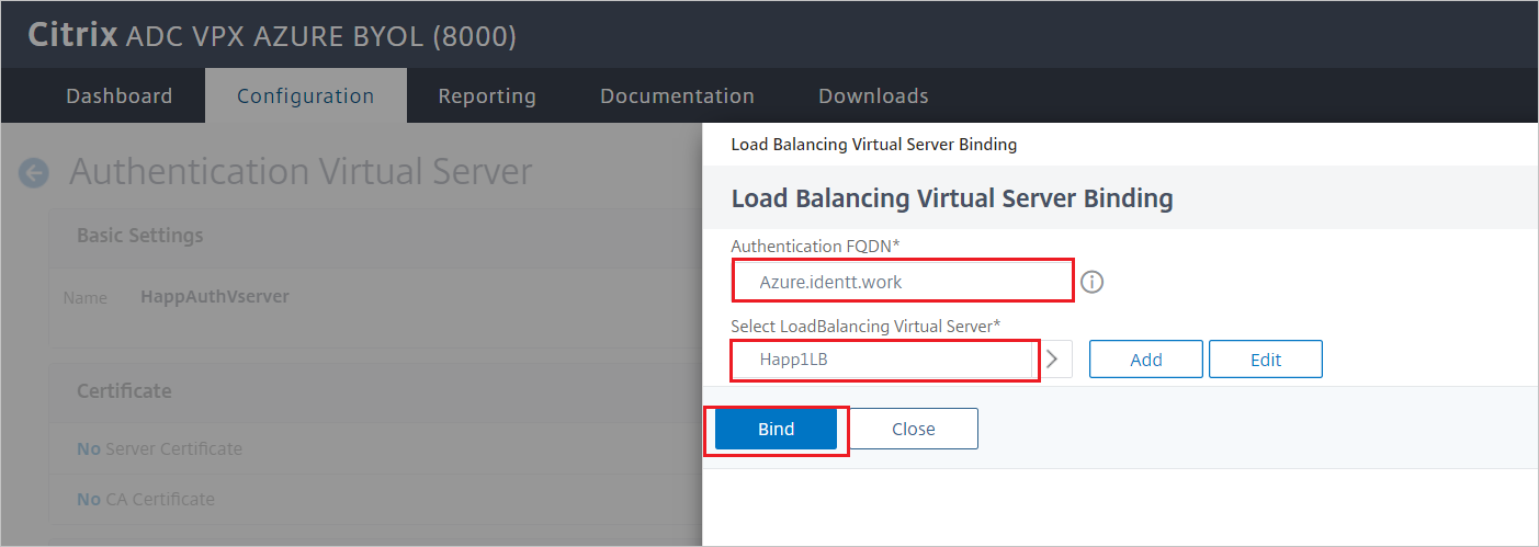 Configuración de Citrix ADC SAML Connector for Azure AD: panel de enlace del servidor virtual de equilibrio de carga