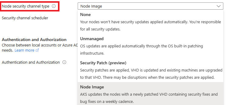 Captura de pantalla de Azure Portal que muestra la opción de tipo de canal de seguridad de nodo en la página Configuración del clúster de un clúster de AKS existente.