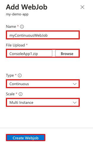 Captura de pantalla que muestra cómo configurar un WebJob continuo con una instancia múltiple para una aplicación de App Service.