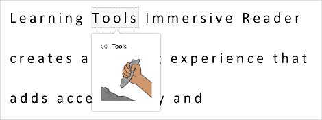 Captura de pantalla del diccionario de imágenes de Immersive Reader que muestra una imagen de una herramienta para la herramienta de palabras.