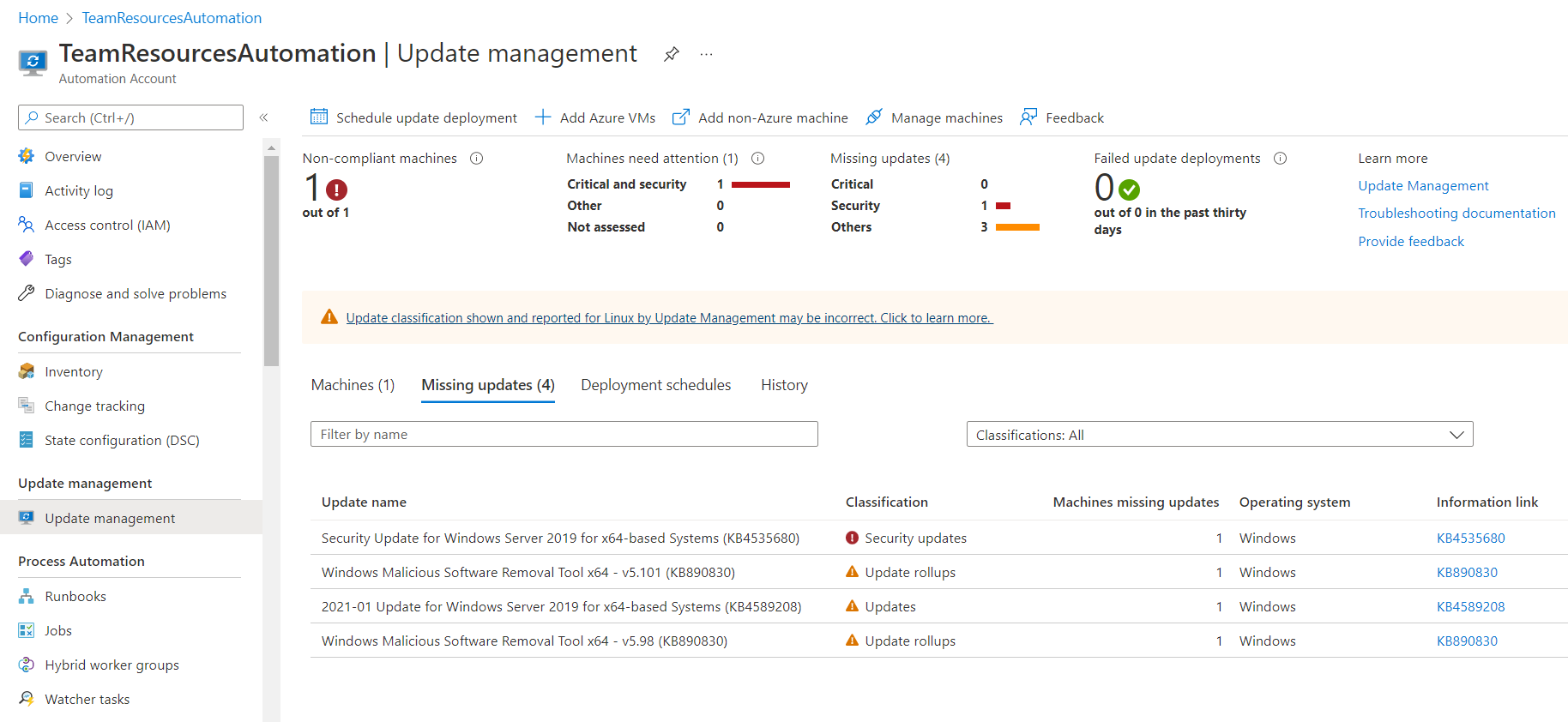 Captura de pantalla de visualización del estado de actualización de la cuenta de Automation.