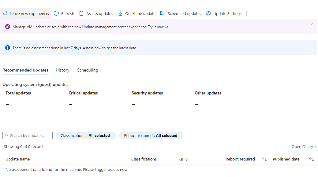 Captura de pantalla de la vista de evaluación de Update Management para servidores habilitados para Arc.