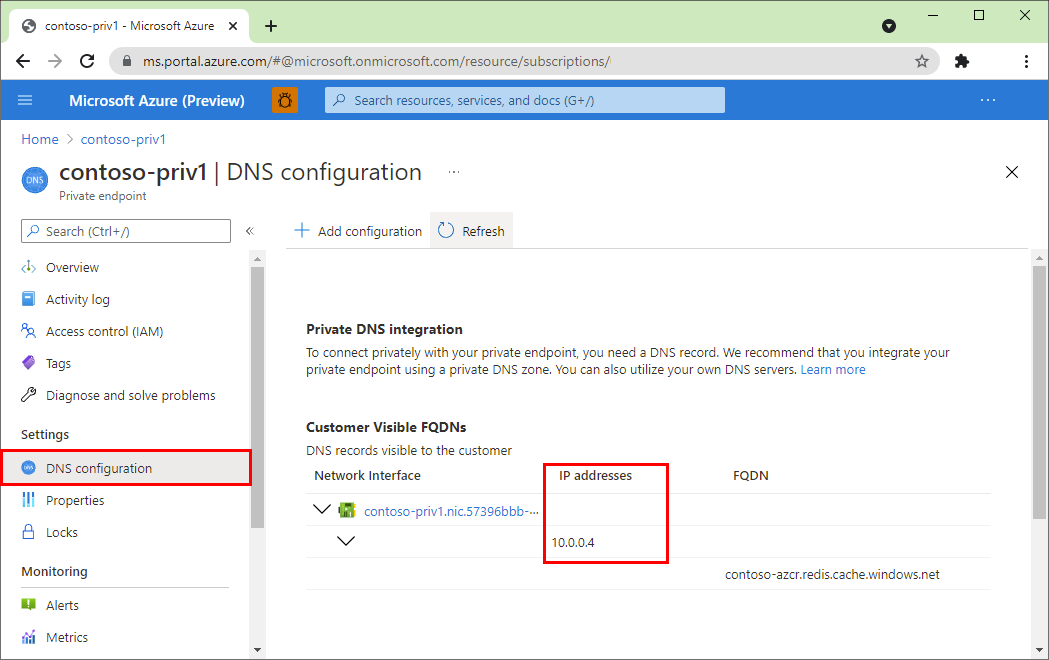 Configuración D N S del punto de conexión privado en Azure Portal.