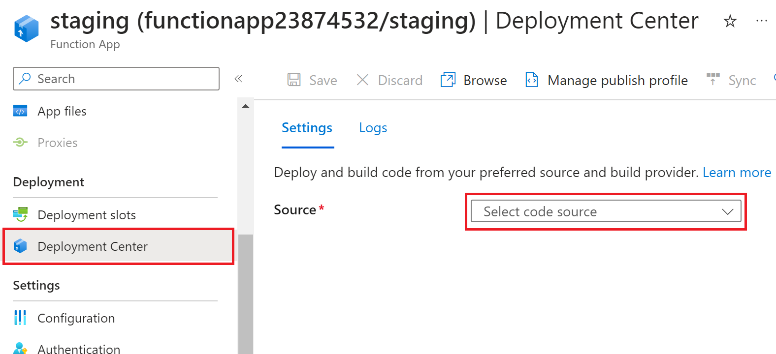 Captura de pantalla del Centro de implementación de aplicaciones de funciones en Azure Portal, en el que debe elegir el repositorio de origen.