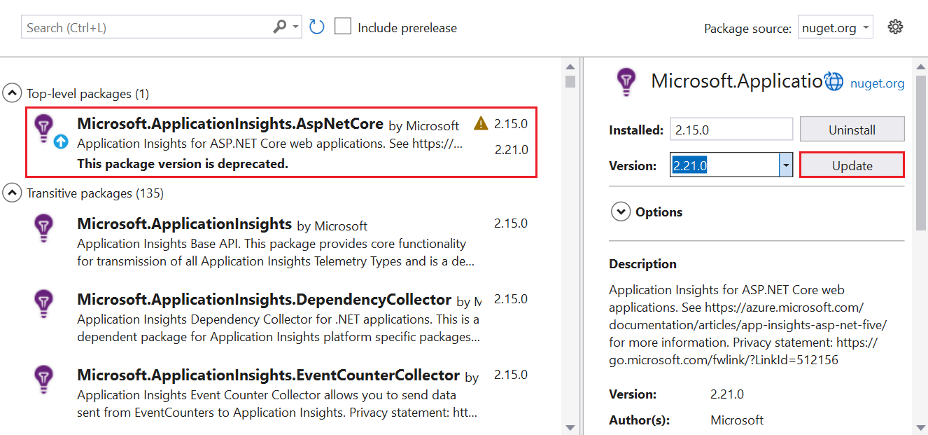 Captura de pantalla en la que se muestra dónde seleccionar el paquete de Application Insights para su actualización.
