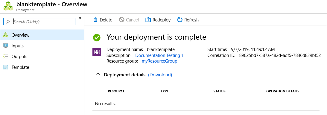 Captura de pantalla de Azure Portal que muestra el resumen de implementación para la implementación de la plantilla en blanco.