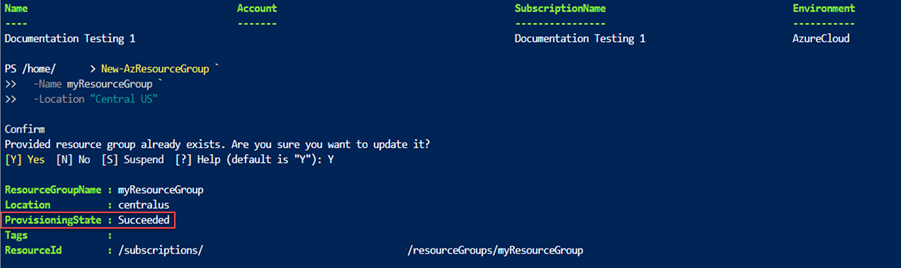 Captura de pantalla de la salida de PowerShell que muestra el estado de aprovisionamiento de implementación correcto.