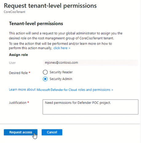 Captura de pantalla de la solicitud de permisos de administrador de seguridad de nivel de inquilino en Azure Portal.