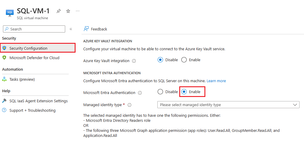 Captura de pantalla de la página de configuración de seguridad de la máquina virtual de SQL en Azure Portal, con la autenticación de Microsoft Entra seleccionada.