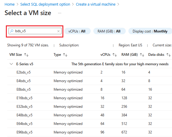 Captura de pantalla de la página de selección del tamaño de VM del Azure Portal.